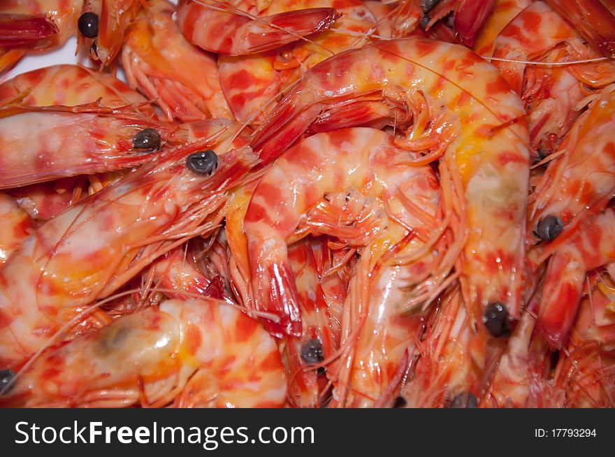 Tray of cooked prawns and shrimps, animal