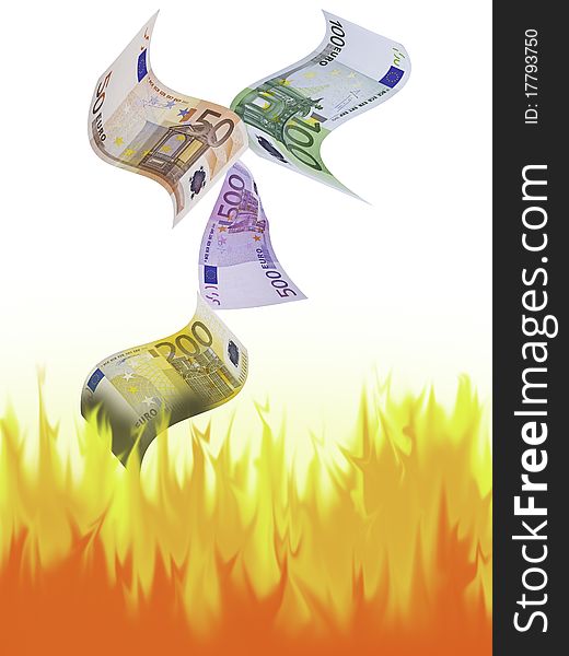 This image shows a few bank notes falling on the fuengo and burn. This image shows a few bank notes falling on the fuengo and burn