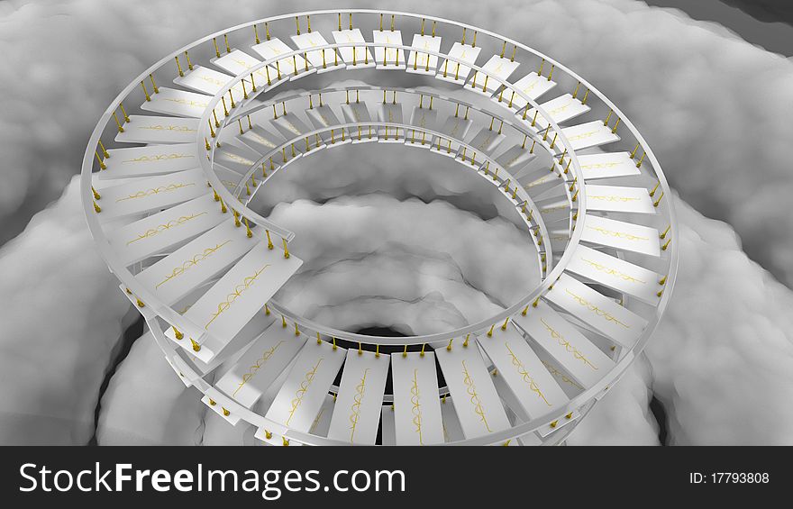 White stairs spiraling upward in the clouds with gold trim. White stairs spiraling upward in the clouds with gold trim
