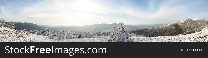 Panorama of winter mountains near Novorossisk