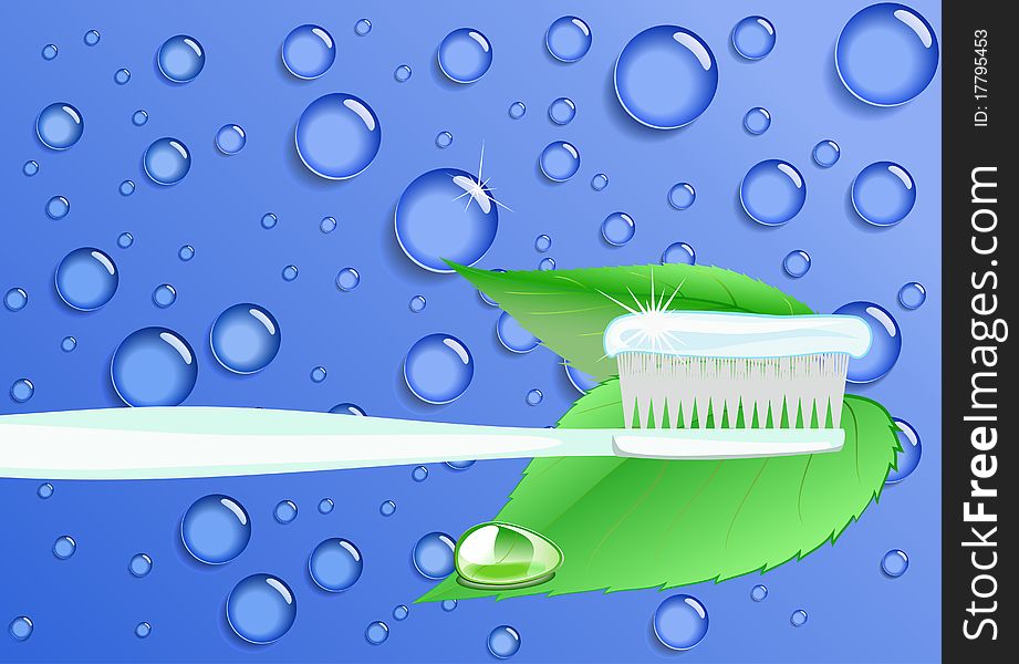 Toothpaste, toothbrush and green leaves on a background of water drops are shown in the picture. Toothpaste, toothbrush and green leaves on a background of water drops are shown in the picture.