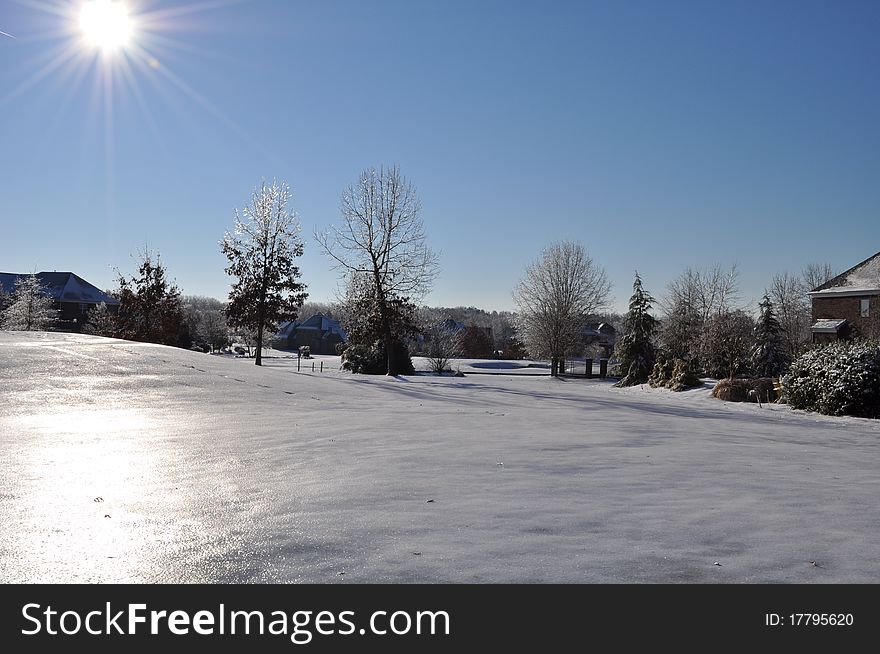 A frozen ice covered golf course. A frozen ice covered golf course