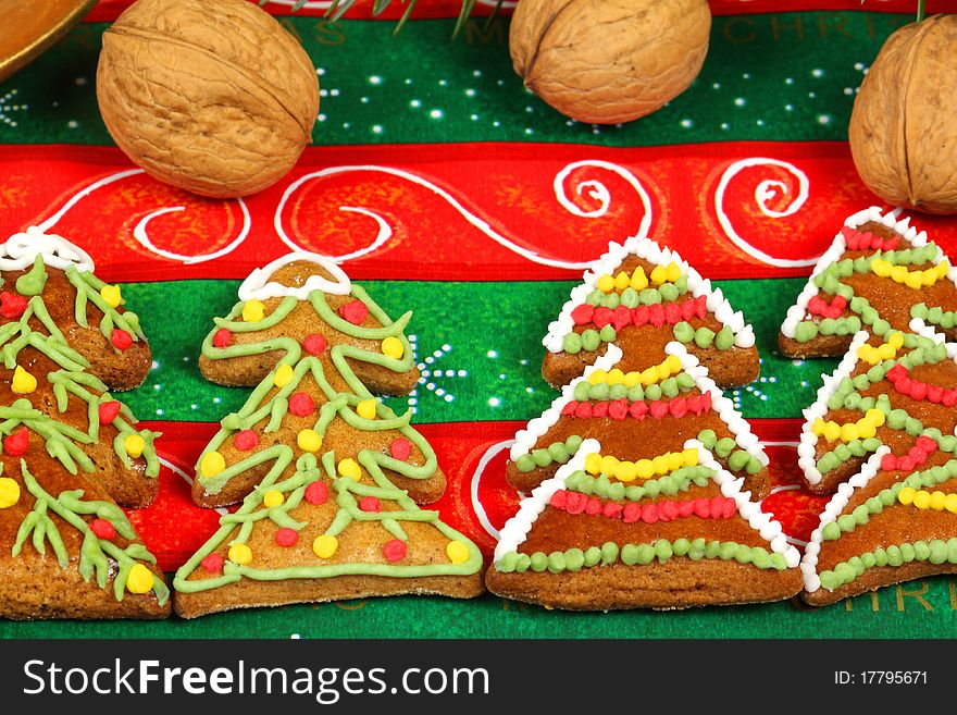 Christmas gingerbread cookie trees with artistic ornaments. Christmas gingerbread cookie trees with artistic ornaments