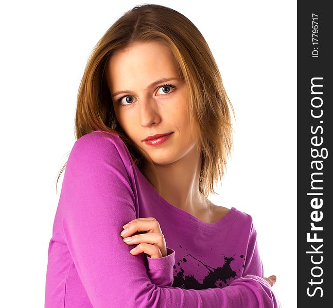 Handsome young female looking from shoulder on you on white background