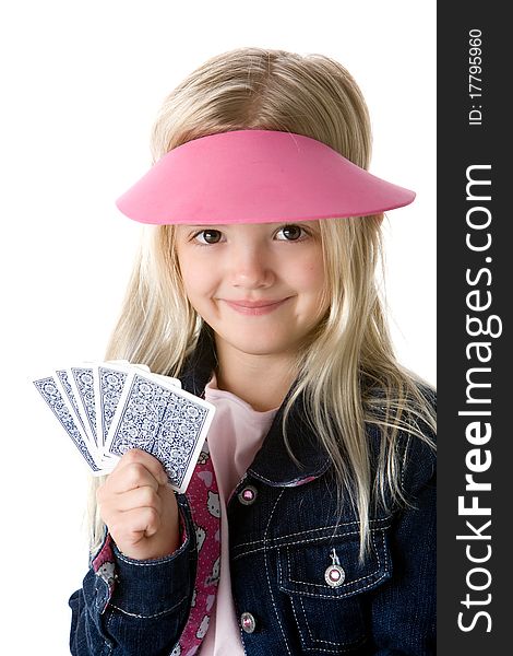 Cute little girl holding cards smiling isolated on white background. Cute little girl holding cards smiling isolated on white background
