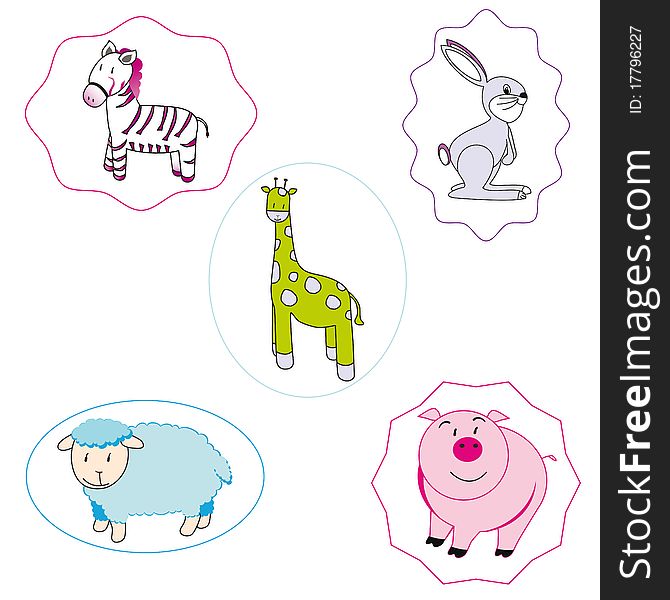 Zebra, giraffe, pig, rabbit and sheep. Zebra, giraffe, pig, rabbit and sheep