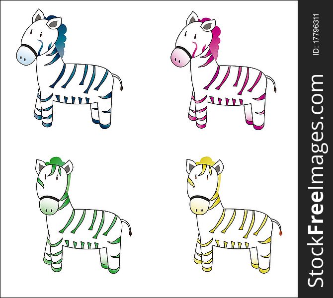 Four cute and colorful cartoon zebras