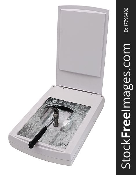 Flatbed scanner with hammer through broken scanning plate. Isolated on white background with clipping path. Flatbed scanner with hammer through broken scanning plate. Isolated on white background with clipping path.