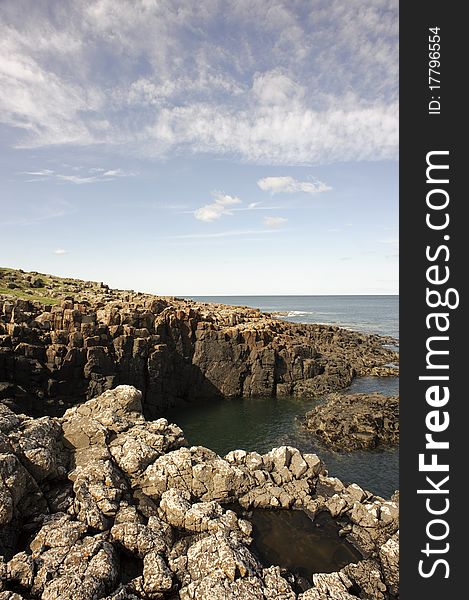 Photograph of a typical, rocky coastal summer scene on the Northumberland coast, England. Photograph of a typical, rocky coastal summer scene on the Northumberland coast, England.