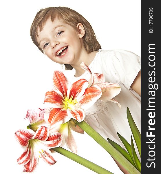 Little girl with lilly flower isolated. Little girl with lilly flower isolated