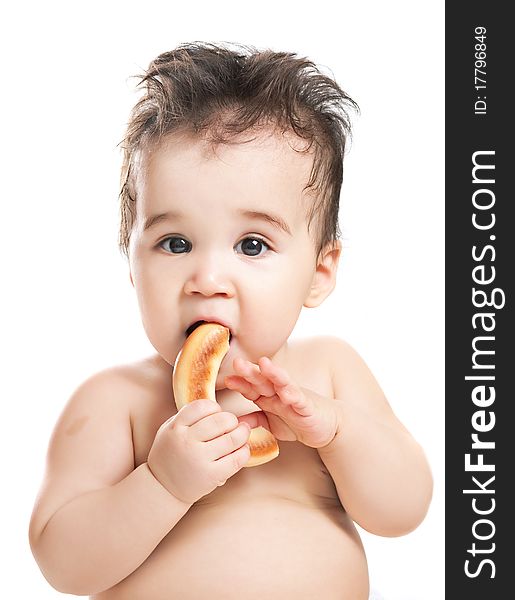 Asian baby boy with round cracknel on a white background