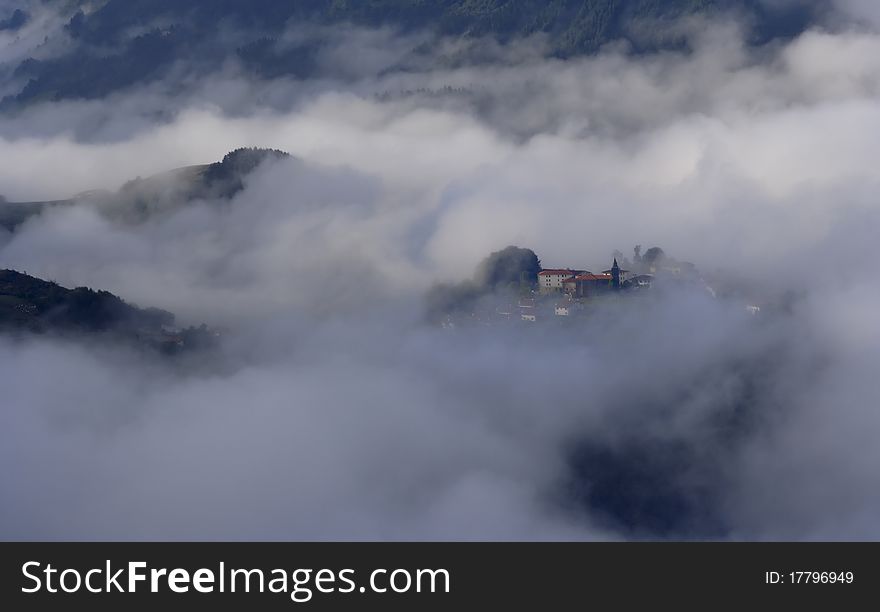 Leaburu municipality in the clouds, Gipuzkoa, Euskadi