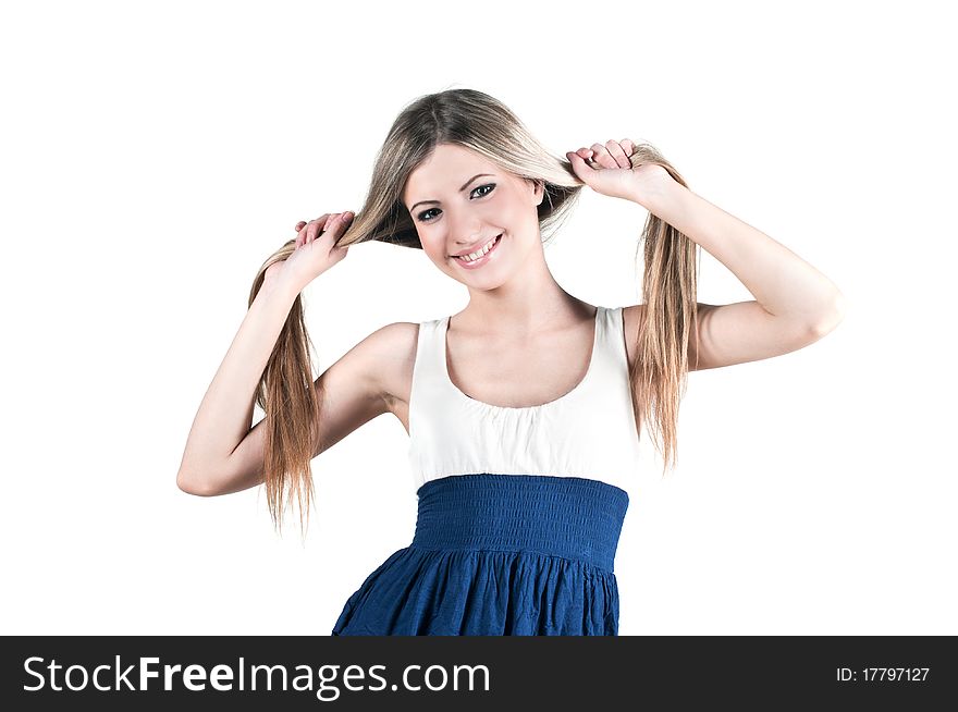 Isolated on white cheerful young beautiful blond girl with two tails