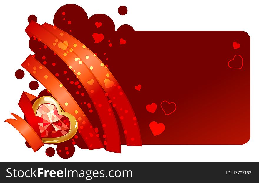 Valentine greeting card with red ribbon and jewel. Valentine greeting card with red ribbon and jewel