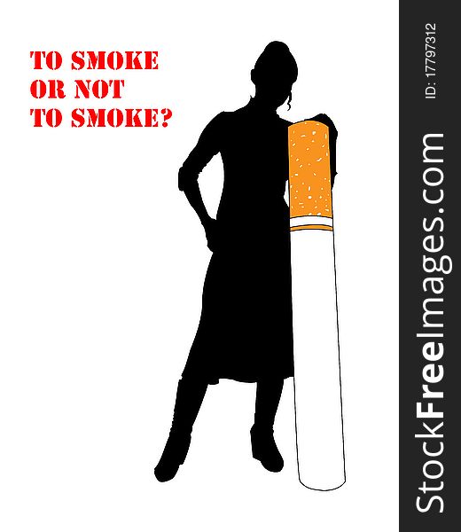 A black silhouette of woman leans on a big cigarette. A black silhouette of woman leans on a big cigarette