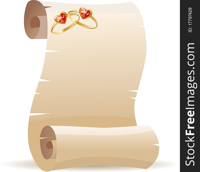 Old scroll with two gold rings with ruby. Old scroll with two gold rings with ruby