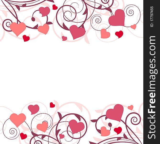 Background with stylized branch and pink hearts. Background with stylized branch and pink hearts
