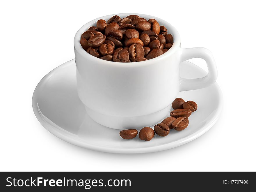 Cup and saucer with the coffee beans isolated on white background. Cup and saucer with the coffee beans isolated on white background