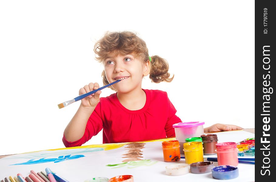 Smiling little girl with watercolor painting, isolated on white