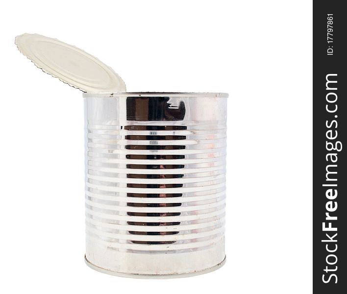 Empty tin can on white background