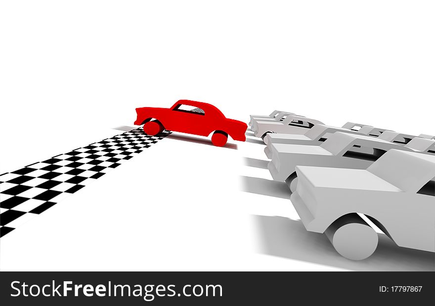 3D image of race car and red car reaching goal. 3D image of race car and red car reaching goal