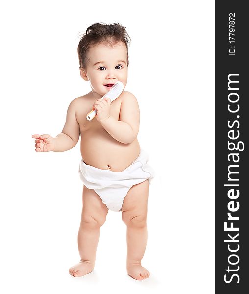Asian baby boy with rake on a white background. Asian baby boy with rake on a white background