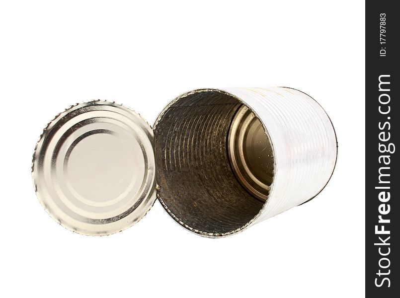 Empty tin can on white background