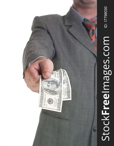 The stretched man's hand with dollars on a white background