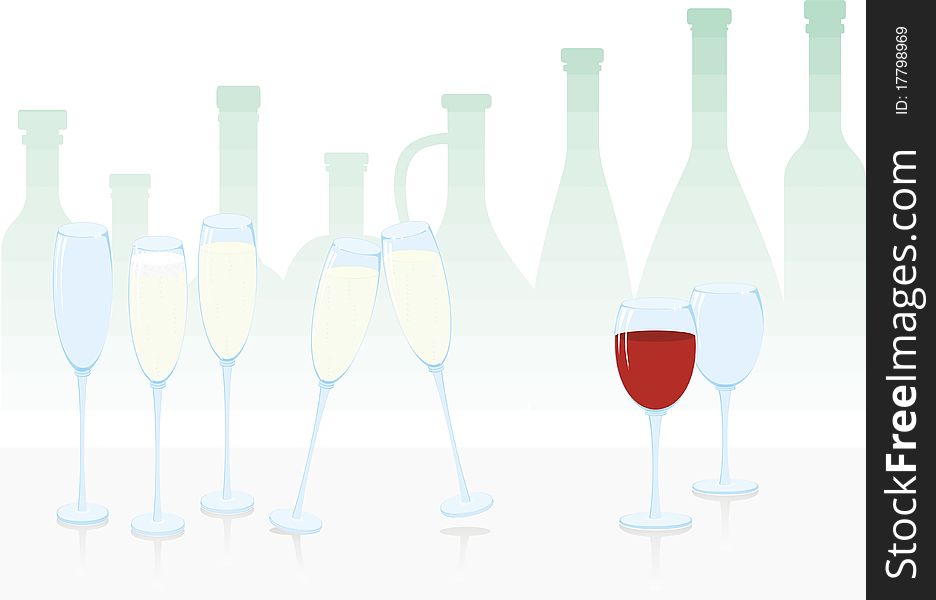 Glasses of wine and champagne on the background of different bottles silhouettes. Glasses of wine and champagne on the background of different bottles silhouettes