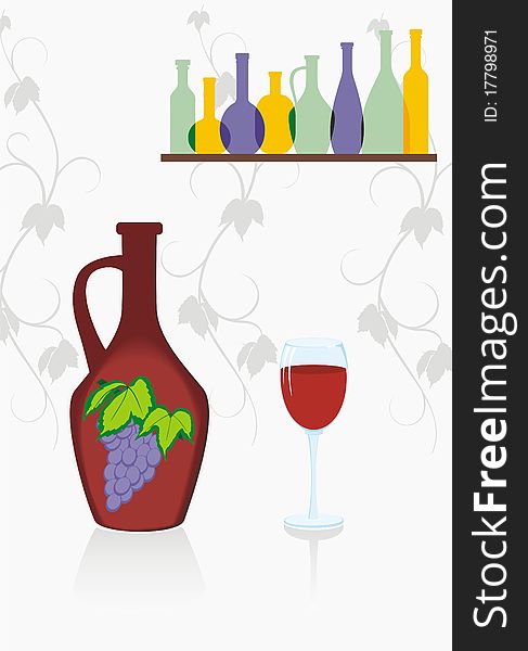 Jug of wine on the background of different bottles silhouettes and patterns of vine. Jug of wine on the background of different bottles silhouettes and patterns of vine