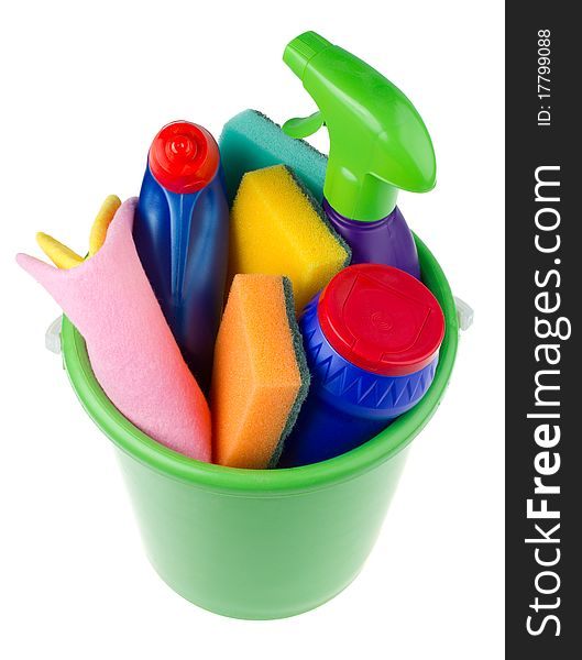 Bucket with cleaning articles from above, isolated on white