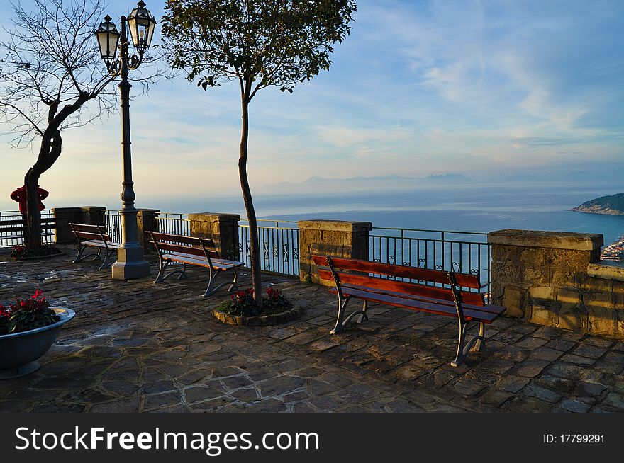 View of sea and blue sky from a  terrace in Southern Italy. View of sea and blue sky from a  terrace in Southern Italy.