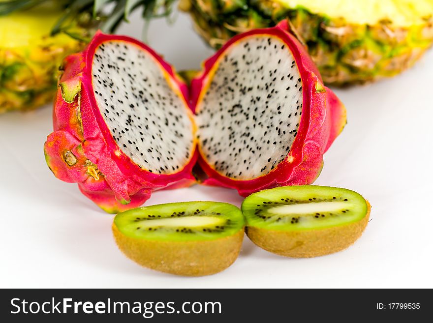 Mixed Fruits-Pitaya, fresh dragon fruit,kiwi,Pineapple, isolated on white background.