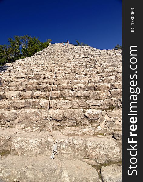 Rope to the top of pyramid in Coba, Mexico. Rope to the top of pyramid in Coba, Mexico