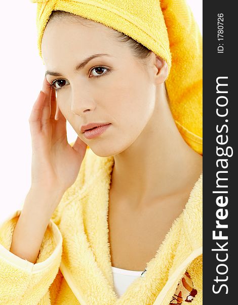 Portrait of Fresh and Beautiful brunette woman wearing white towel on her head. Portrait of Fresh and Beautiful brunette woman wearing white towel on her head