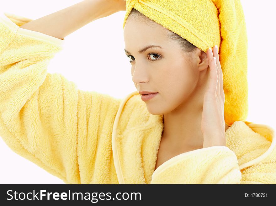 Portrait of Fresh and Beautiful brunette woman wearing white towel on her head. Portrait of Fresh and Beautiful brunette woman wearing white towel on her head