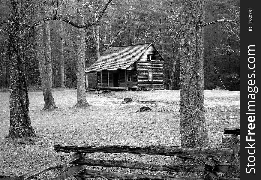 Black & White image of the Carter Shields Cabin in Cades Cove at Great Smoky Mountains National Park. Black & White image of the Carter Shields Cabin in Cades Cove at Great Smoky Mountains National Park