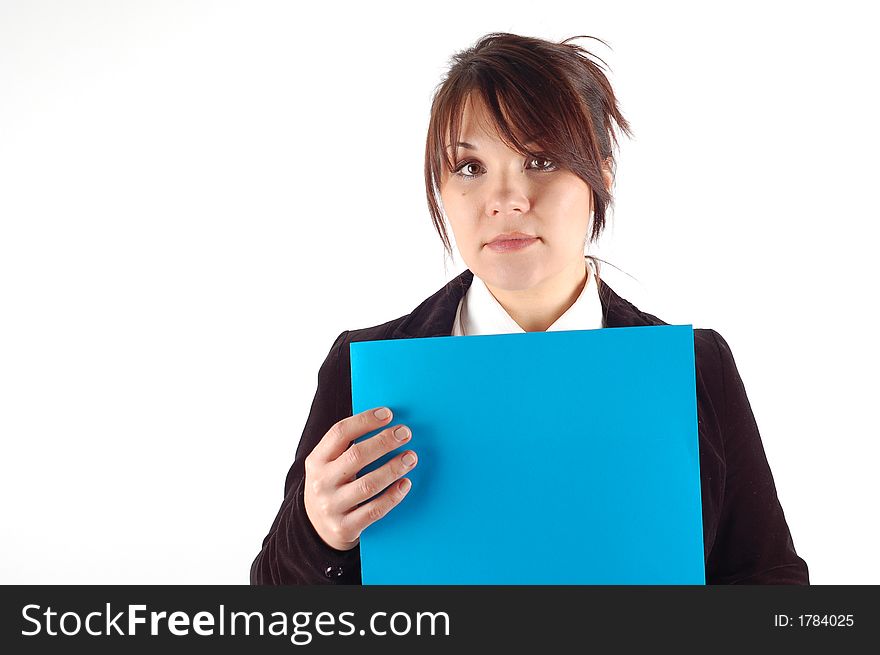 Business woman holding a blank banner. Business woman holding a blank banner