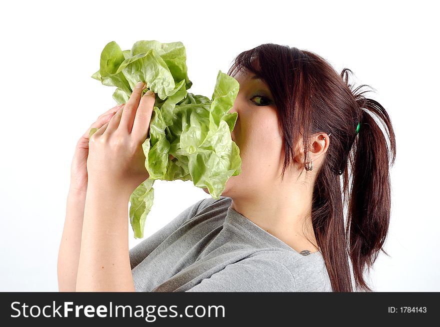 woman with salad on white background. woman with salad on white background