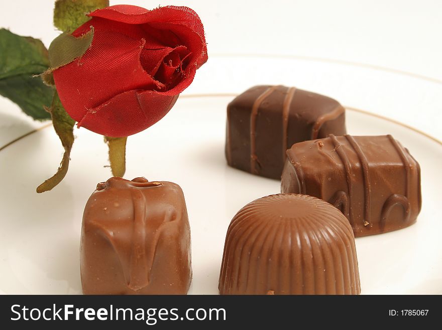 Plate Of Chocolate & Rose Upclose