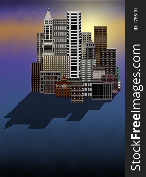Illustrated city with dropshadow and sunset background