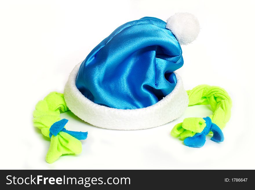 Blue Christmas hat with braids isolated on white background