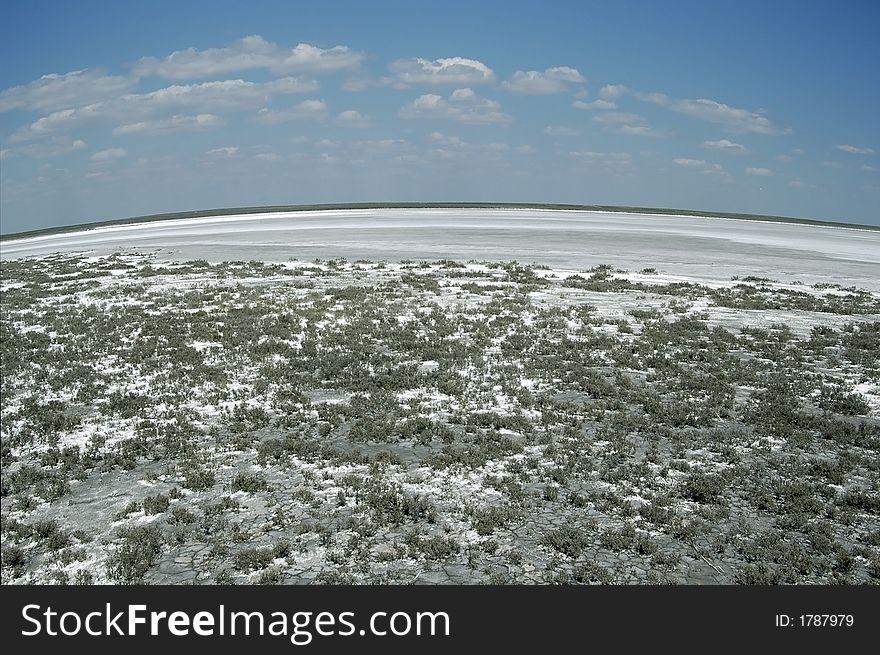 A dried-up salt lake is in steppe of Kazakhstan