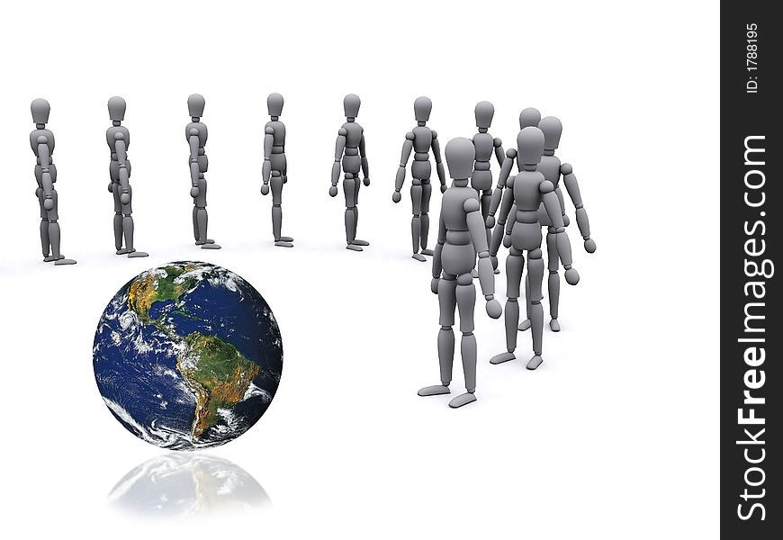 3d people walking towards the globe as a group