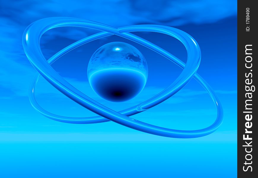 Blue rings and sphere on a clouds background - 3d scene. Blue rings and sphere on a clouds background - 3d scene.