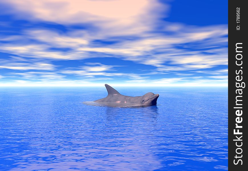 Swimming dolphin on blue sea water - 3d scene. Swimming dolphin on blue sea water - 3d scene.