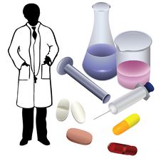 Medications And The Silhouette Of A Physician. Stock Photos