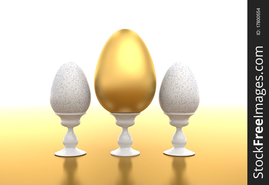 Large gold egg on a background little white eggs. Large gold egg on a background little white eggs