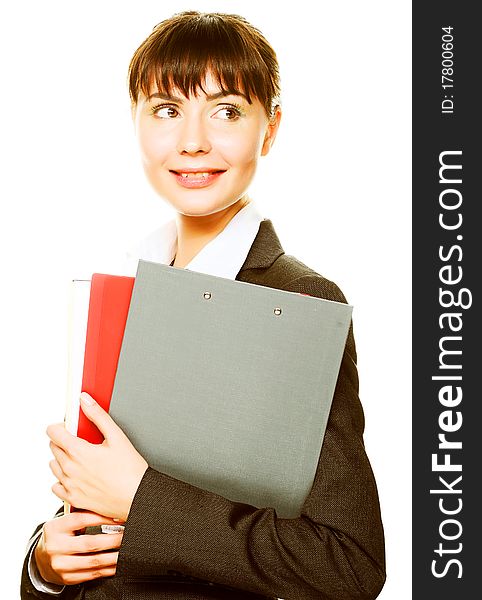 Young happy smiling businesswoman with folders, isolated on white