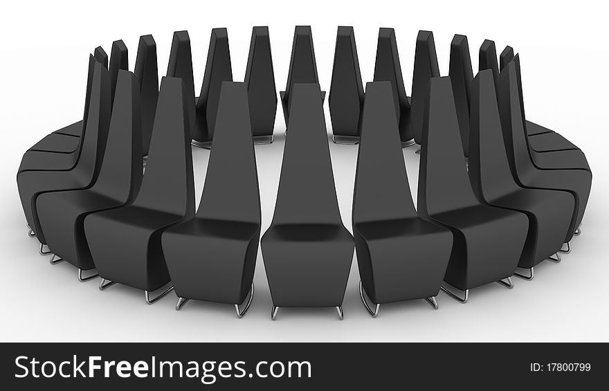 Black arm-chairs for expectation. Three-dimentional image. Black arm-chairs for expectation. Three-dimentional image